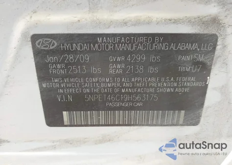 2009 Hyundai Sonata Gls z USA, uszkodzony, nr VIN 5NPET46C19H563175
